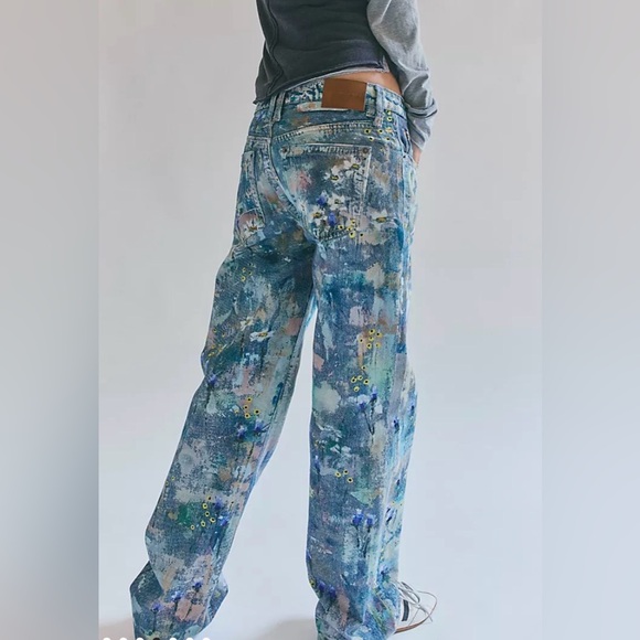 Free People Tennessee Low Rise Illusion Jeans Floral Canvas Paint Splatter Sz 28 - Picture 2 of 15